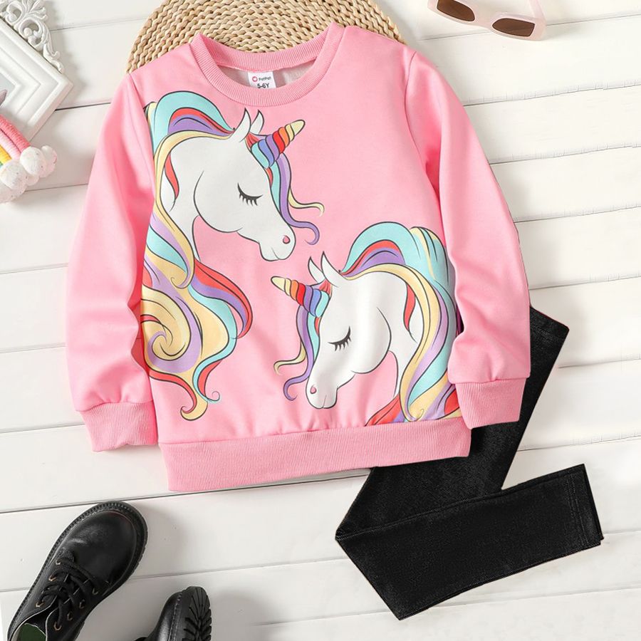 Kid Girl Unicorn Print Sweatshirt/ Elasticized Leggings Pink (fabric upgraded)