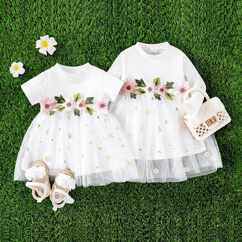 Baby Girl 95% Cotton Ribbed Short-sleeve/Long-sleeve Spliced Floral Embroidered Mesh Dress White-B big image 2