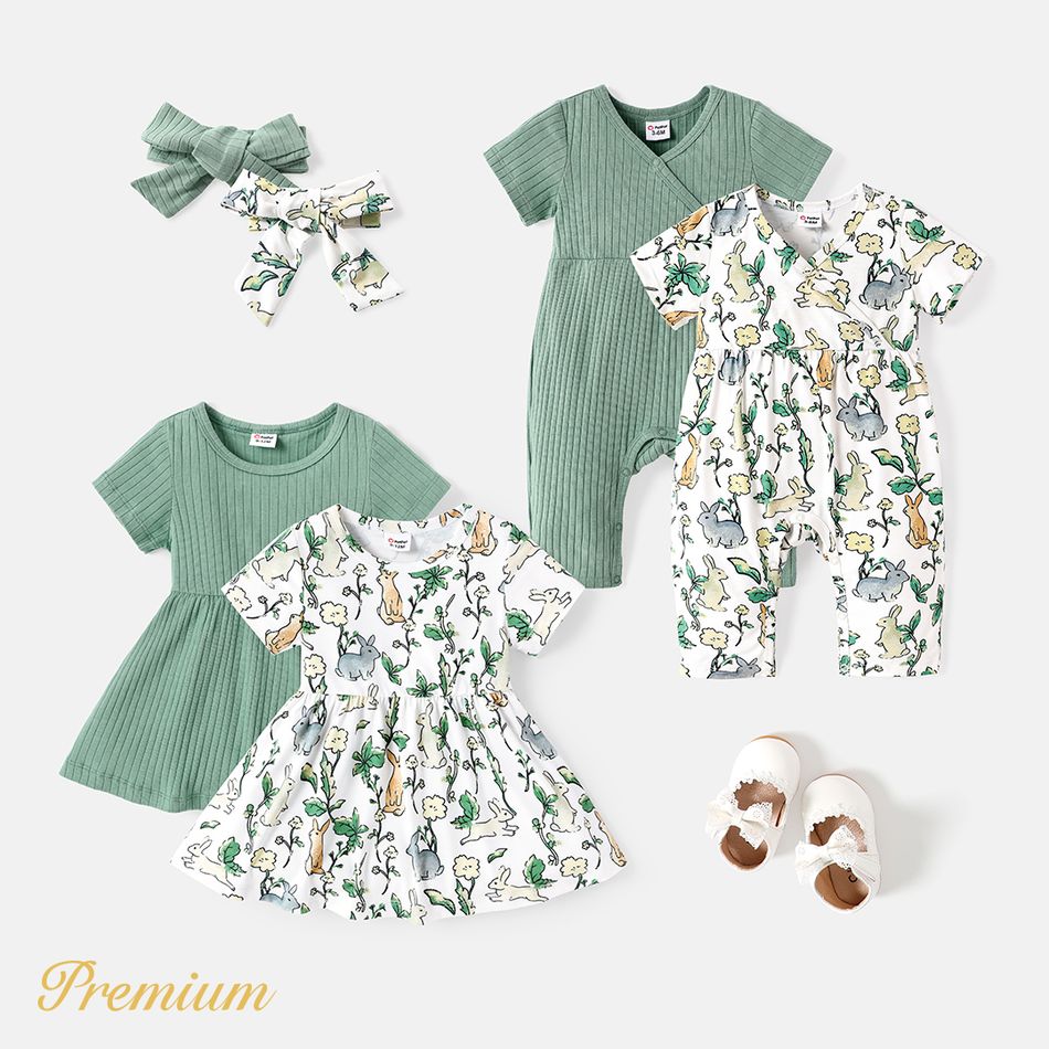 Easter Baby Girl Solid Ribbed or Allover Animal Print Short-sleeve Naia™ Dress lightgreen big image 6