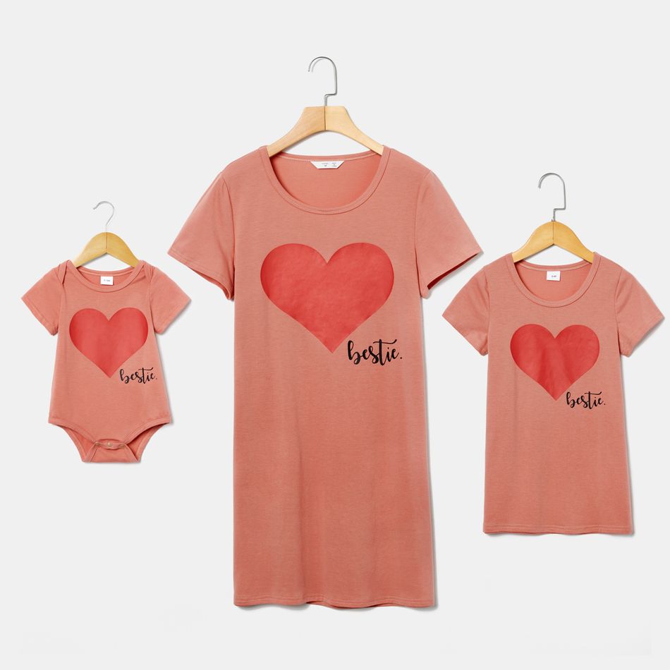 Mosaic Bestie Heart Pattern Matching Short Sleeve T-shirts Mini Dresses Pink