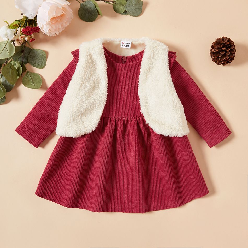 Baby Girl Floral Dress and Fluffy Jacket Set Burgundy