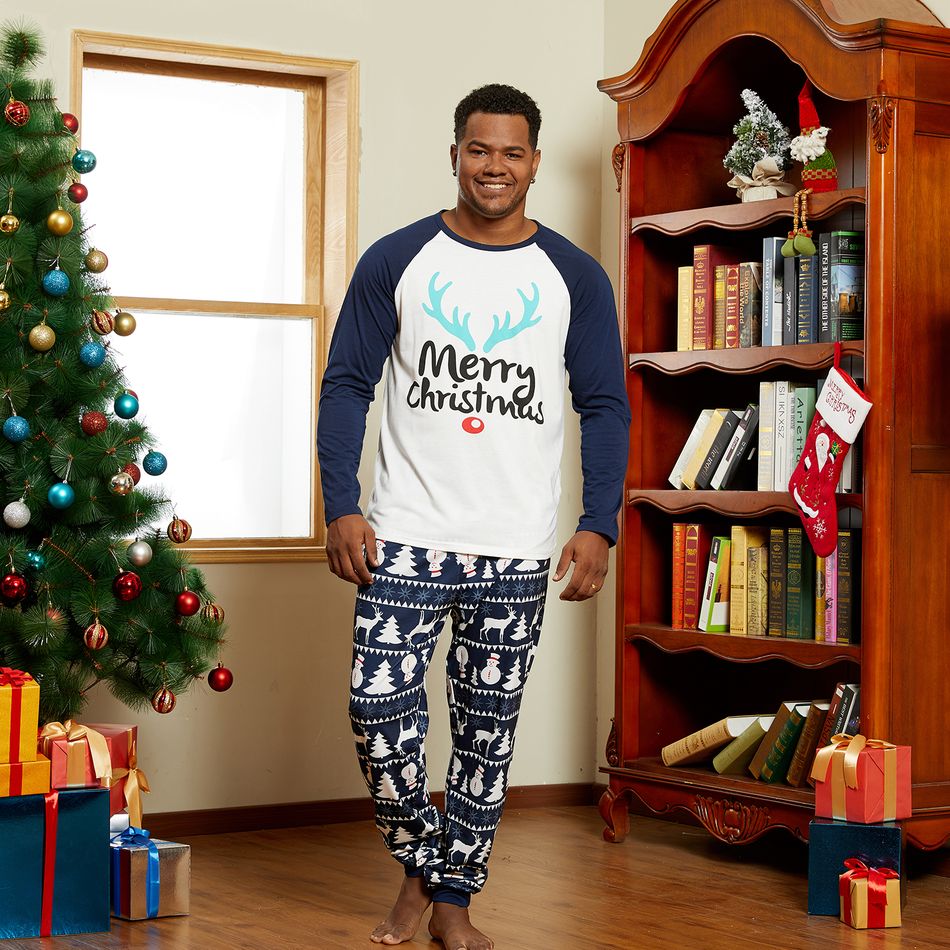 Christmas Antler Letter Top and Snowman Reindeer Print Pants Family Matching Pajamas Sets (Flame Resistant) Dark Blue big image 14