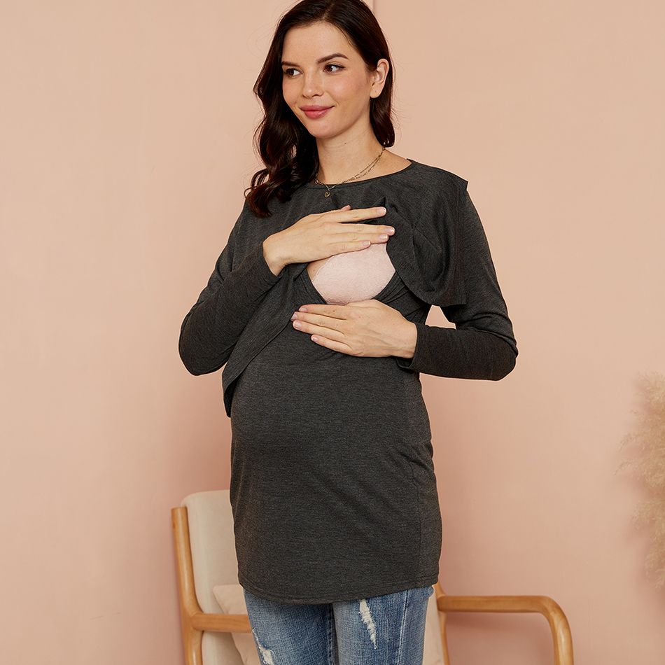 Maternity Round collar Plain Long-sleeve Nursing Tee Grey big image 4