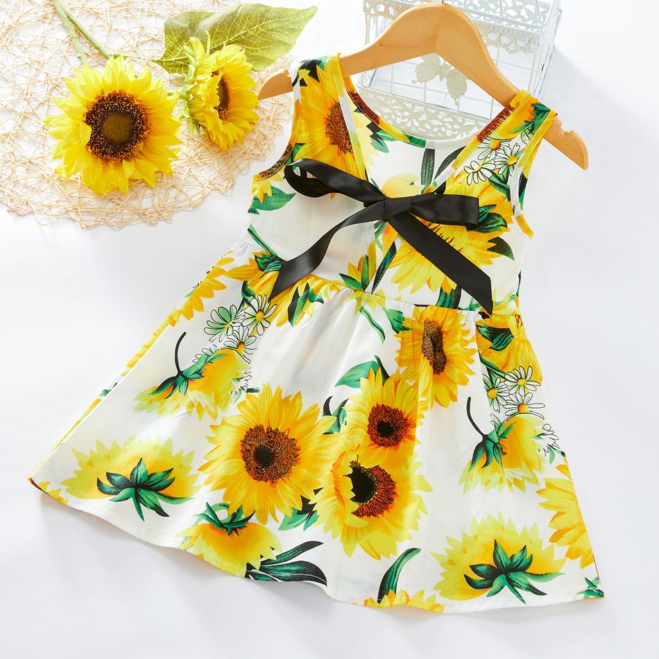 Baby / Toddler Girl Sunflower Print Bowknot Sleeveless Dress White big image 3
