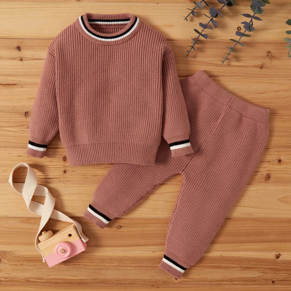 100% Cotton 2pcs Solid Stripe Decor Knitted Long-sleeve Baby Set Apricot