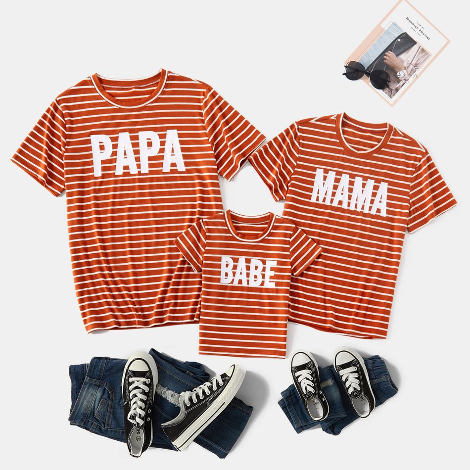Stripe Letter Print Orange Family Matching Short Sleeve T-shirts Orange