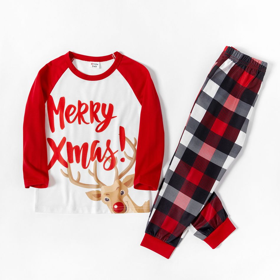 Mosaic Christmas Merry Xmas and Reindeer Print Plaid Family Matching Pajamas Sets (Flame Resistant) Red big image 3