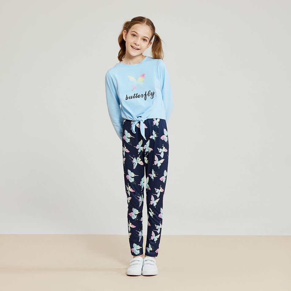 2-piece Kid Girl Butterfly Letter Print Tie Knot Long-sleeve Tee and Leggings Set Blue big image 7