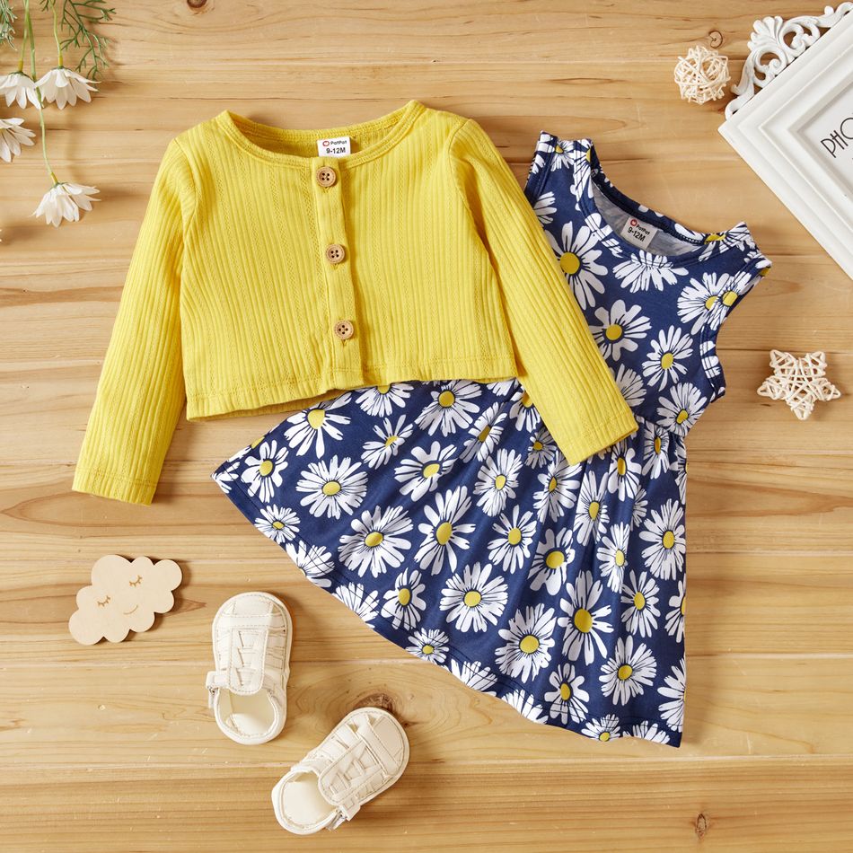 Baby Girl 2pcs Long-sleeve Ribbed Top and Floral Daisy Print Sleeveless Dress Set Color block