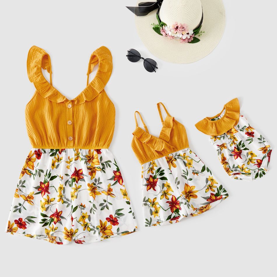 Floral Print Sleeveless Matching Yellow Sling Shorts Rompers Yellow