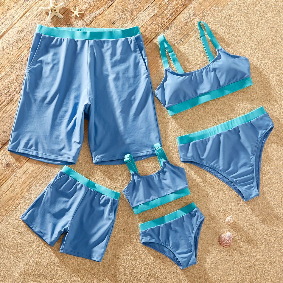 Color Block Blue Series Family Matching Swimsuits(2-piece Sling Swimsuits for Mom and Girl ; Swim Trunks for Dad and Boy) Blue