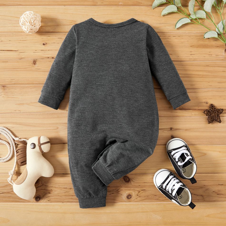 Baby Boy Solid/ Stripes Print Fleece Long-sleeve Jumpsuit One-Piece Coverall Dark Grey big image 2