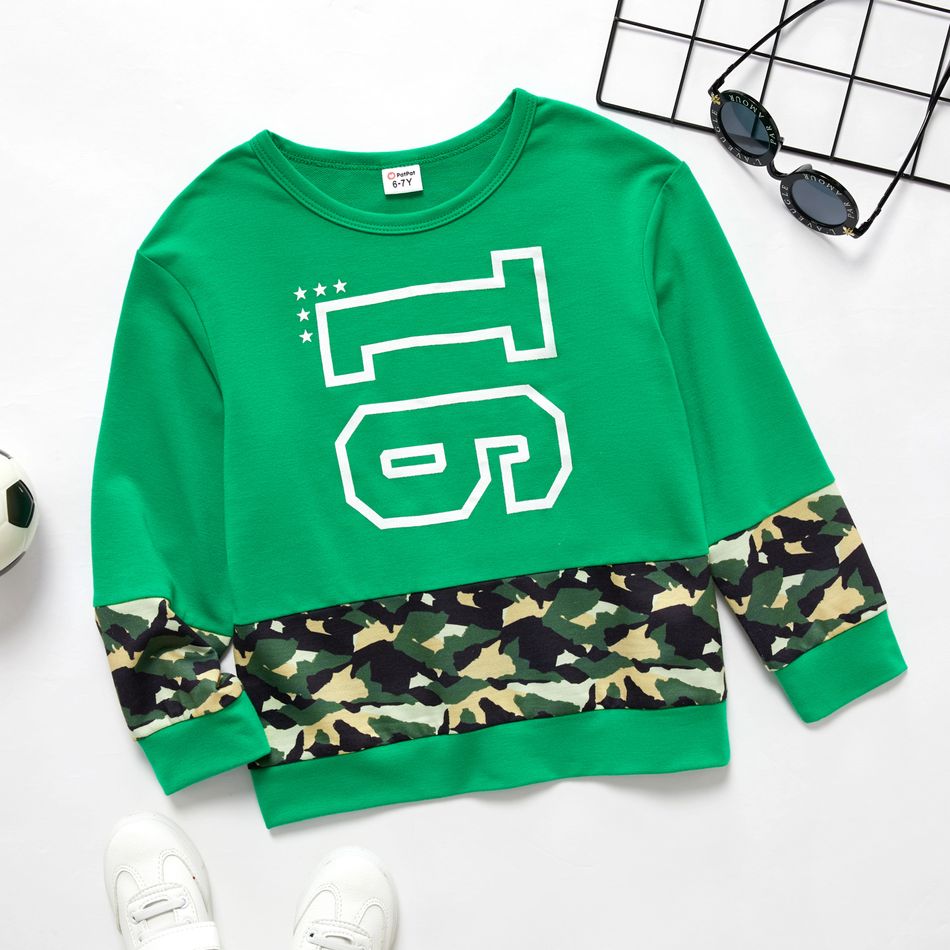 Pretty Kid Boy Letter Leopard Print Colorblock Pullover Sweatshirt Green