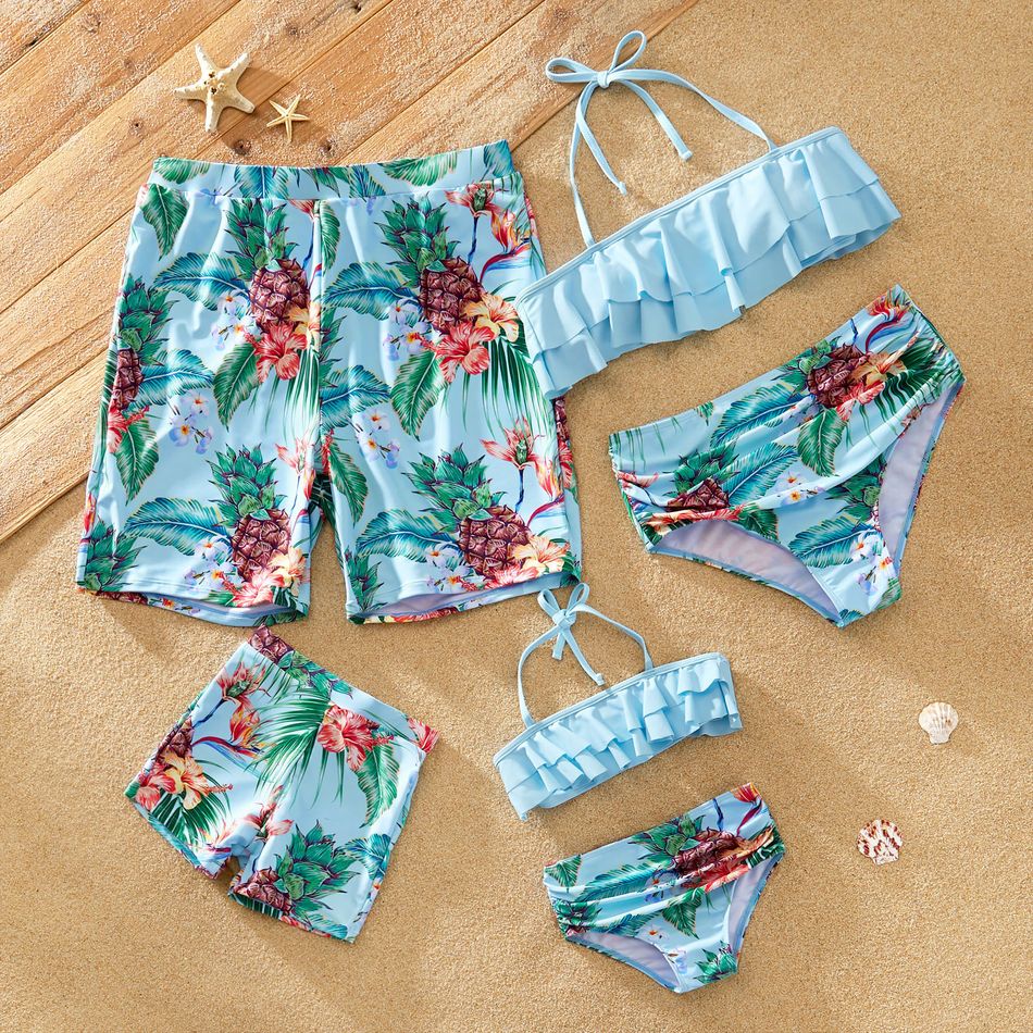 Family Look Pineapple Print Shorts and Solid Ruffle Top Swimsuit Sets Light Blue