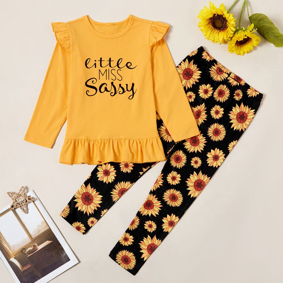 2-piece Kid Girl Letter Print Ruffled Long-sleeves Tee and Sunflower Allover Print Pants Set Yellow