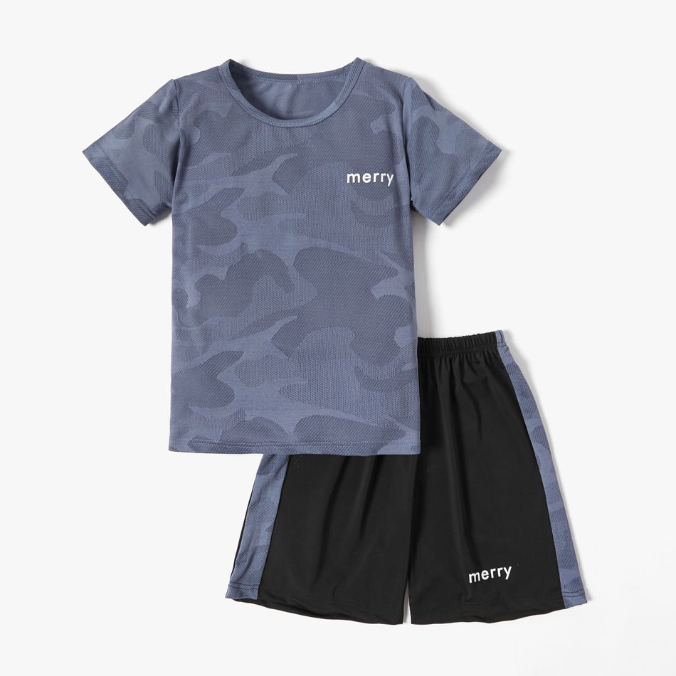 Multi-color Camouflage Tee and Shorts Athleisure Set for Kids Bluish Grey