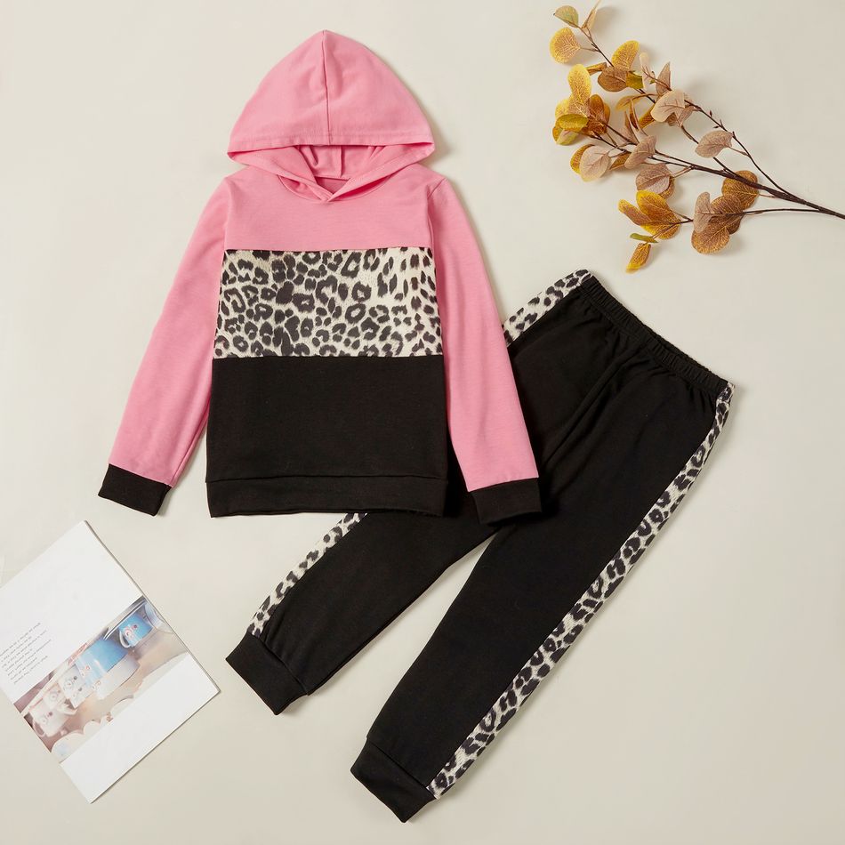 2-piece Kid Girl Leopard Hooded Sweatshirt and Pants Set Pink
