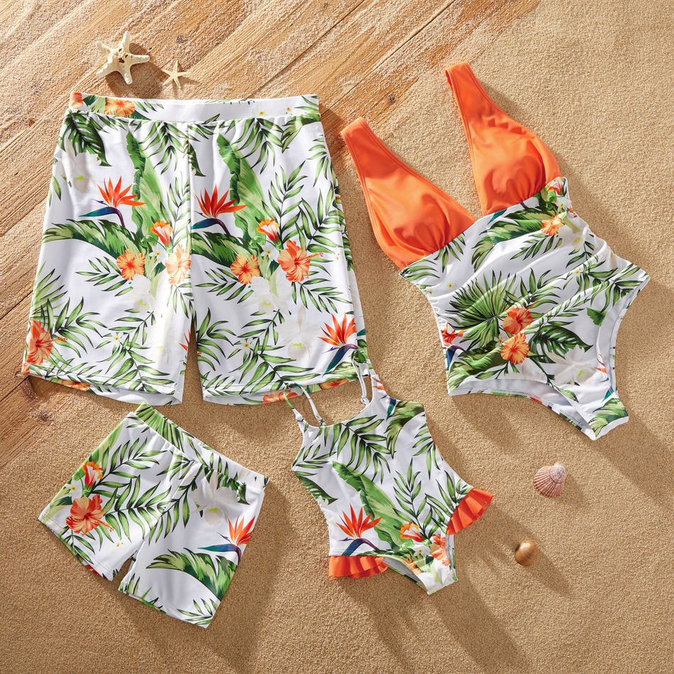 Floral Print Color Contrast Family Matching Swimsuits Orange