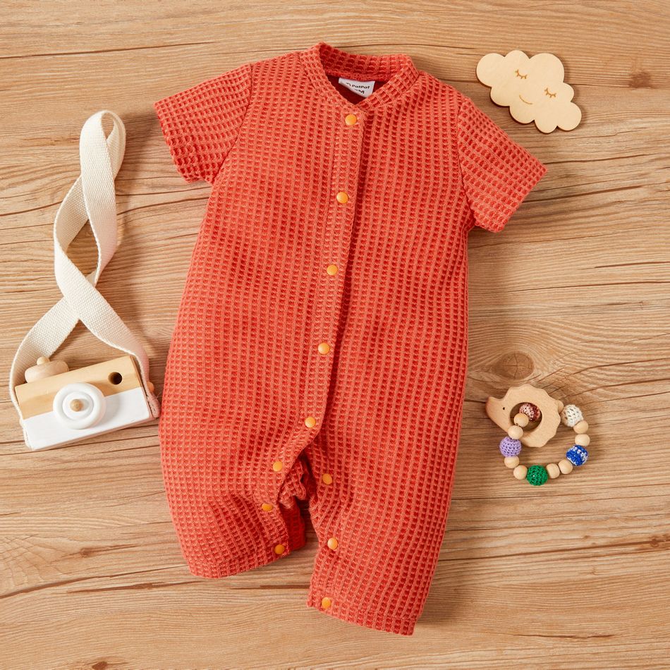 Baby Girl V Neck Short-sleeve Button Design Solid Sweet Jumpsuit Orange