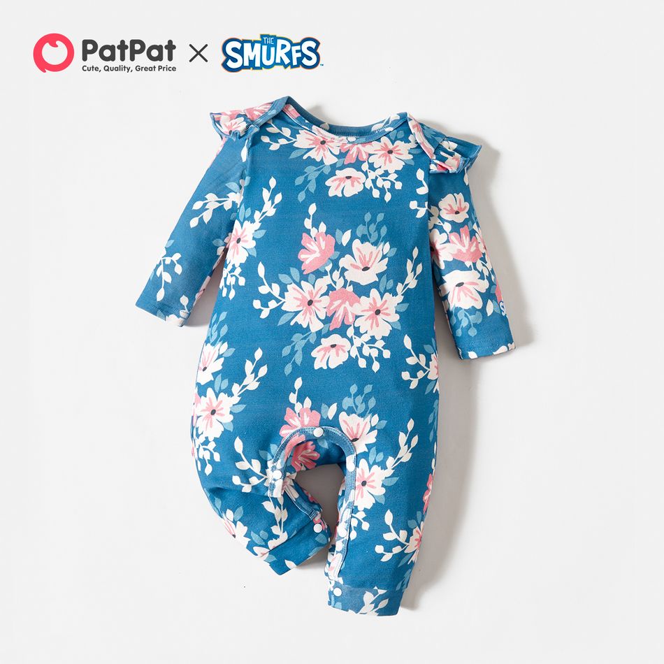 Smurfs Baby Girl Floral and Stripe Cotton Jumpsuit Blue