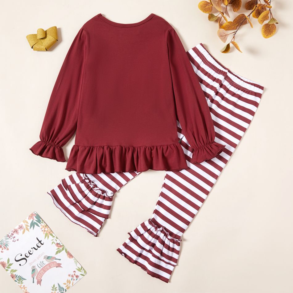 Stylish Cocktail Letter Print Ruffled Longsleeves Tee and Striped Pants Set Brick red big image 2