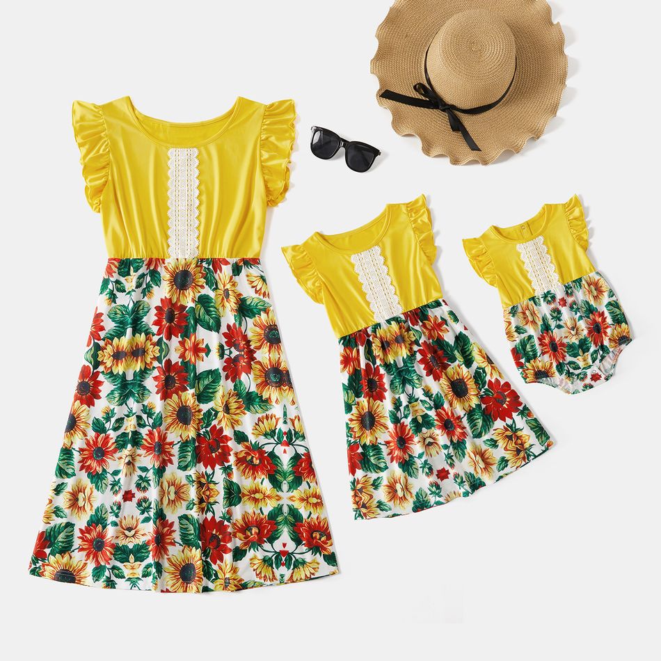 Mommy and Me Lace Decoration Floral Stitching Tank Dresses Yellow