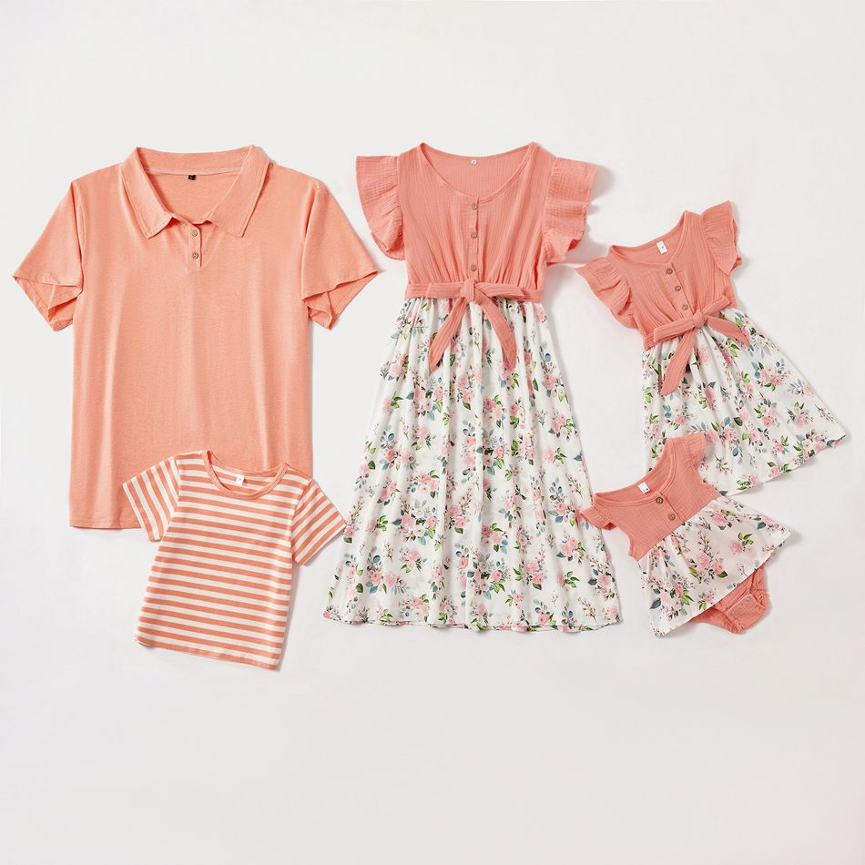 Mosaic Family Matching Cotton Stripe T-shirts Flutter-sleeve Floral Dresses - Rompers - Polo Shirts Pink
