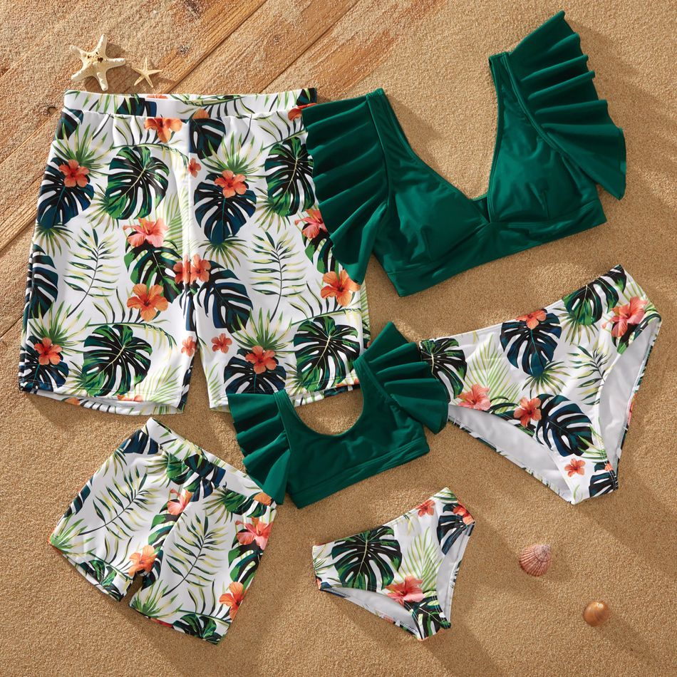 Leaf and Floral Print Family Matching Swimsuits Dark Green