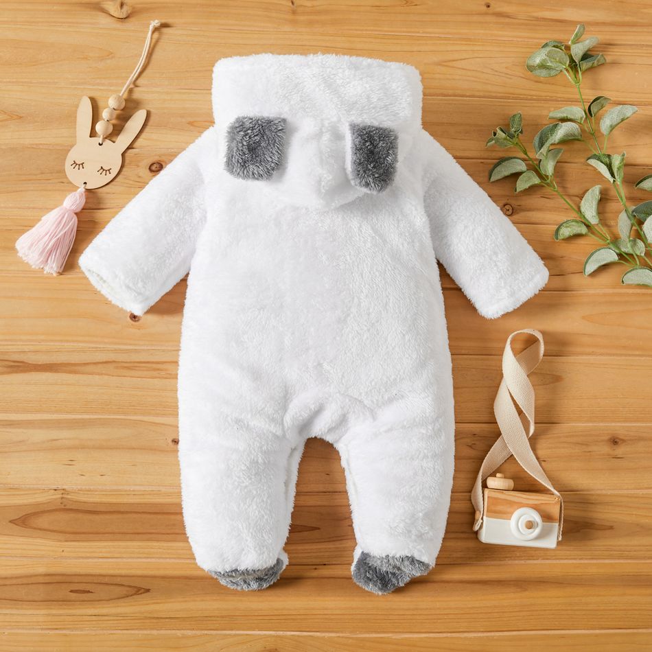 Solid Hooded 3D Bear Design Long-sleeve Baby Jumpsuit White big image 7
