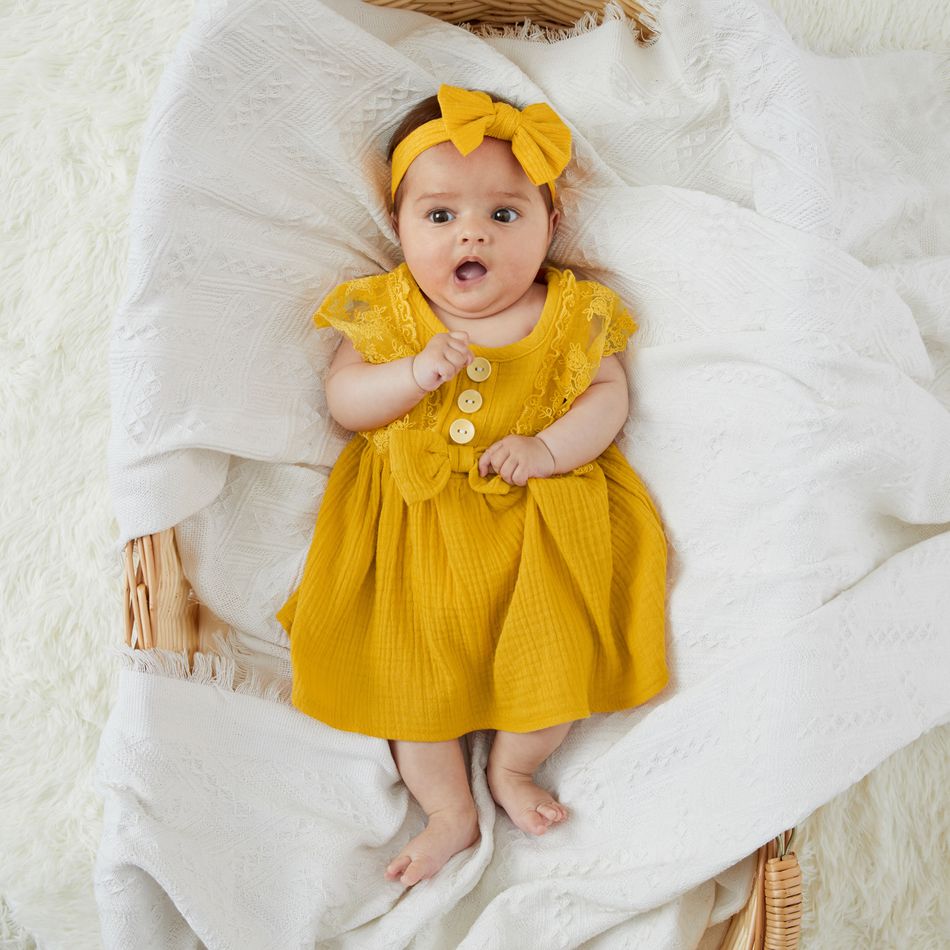 طفلة 95 ٪ قطن كريب بلا أكمام فستان زر BOWKNOT الأصفر big image 6