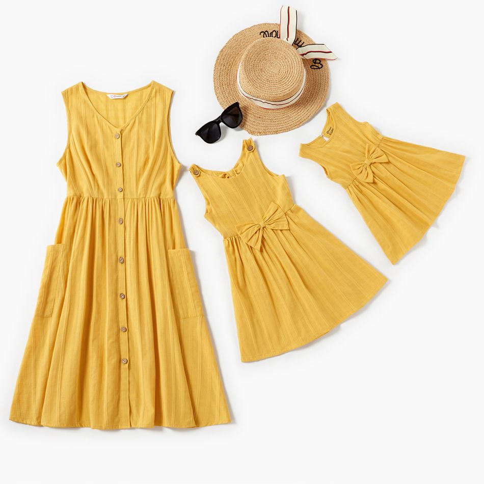Mommy and Me 100% Cotton Front-button Side Pocket Solid Tank Dresses Yellow