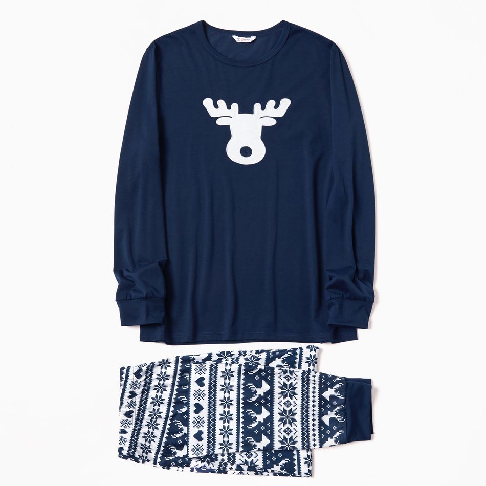 Family Matching Reindeer Print Christmas Pajamas Sets (Flame Resistant) Dark Blue big image 4