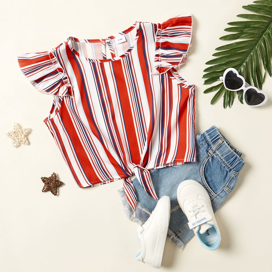 Pretty Kid Girl Flounced Striped Bowknot Top Red