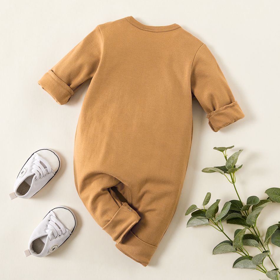 100% Cotton Bear Print Long-sleeve Baby Jumpsuit Brown big image 2