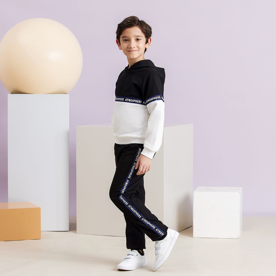 2-piece Kid Boy Letter Print Colorblock Hoodie Sweatshirt and Pants Casual Set Black/White big image 3