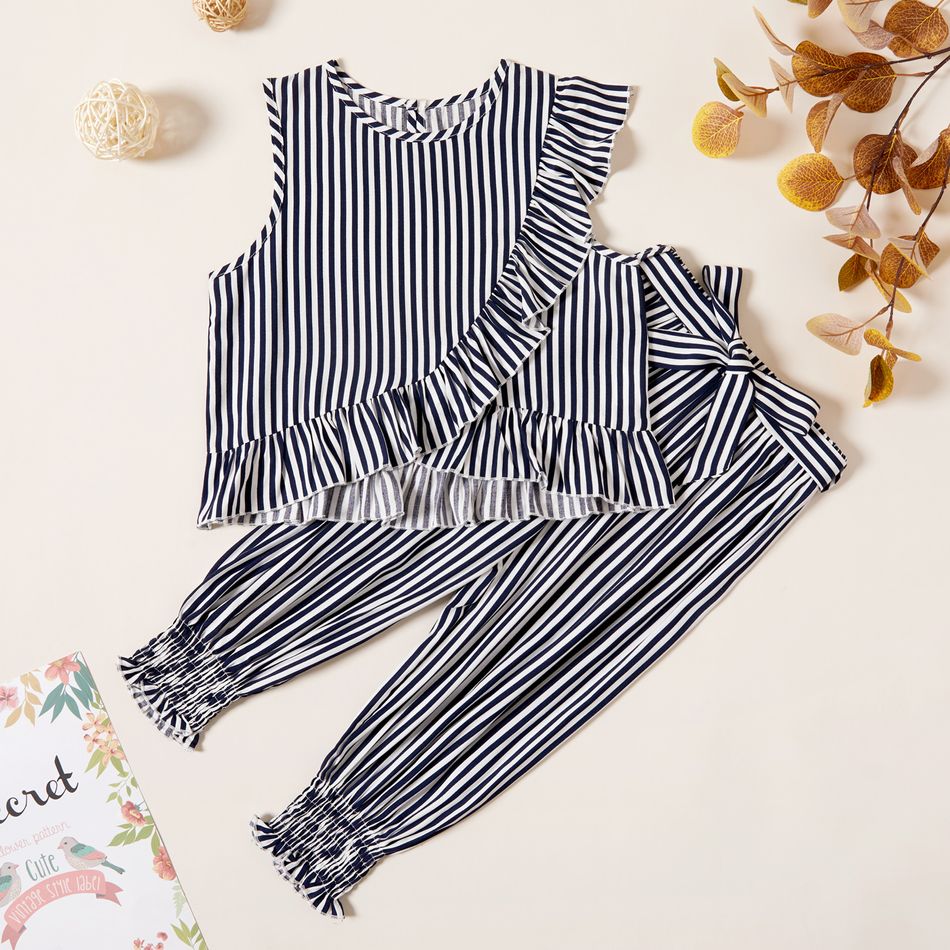 Kids Girl Striped Ruffled Tee and Strappy Pants Set Black big image 1