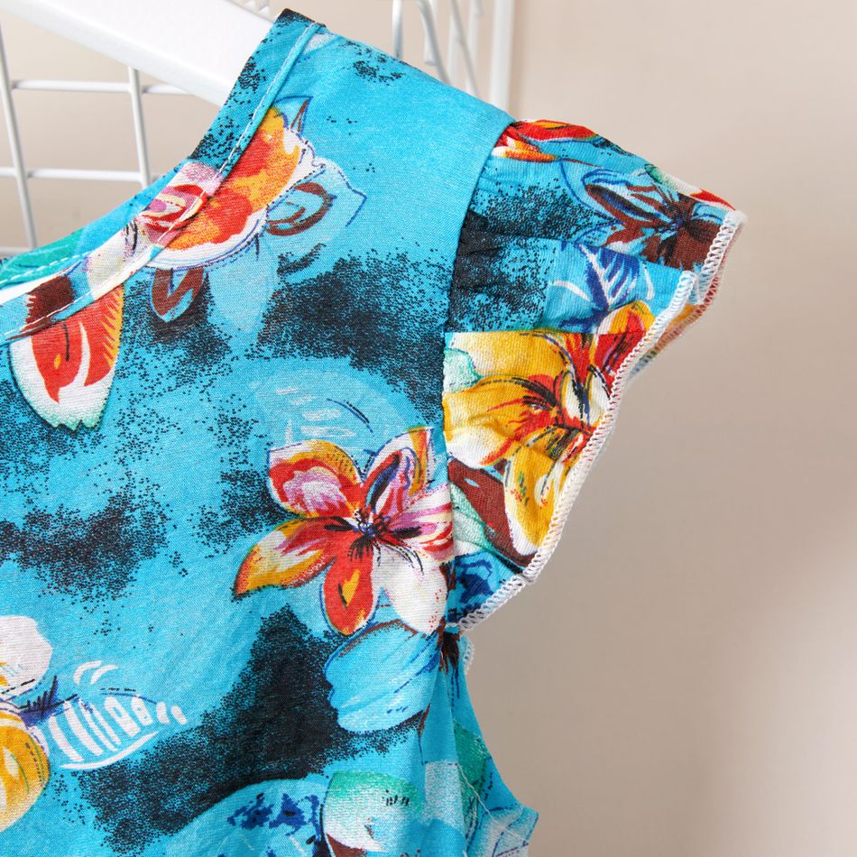 Beautiful Kid Girl Flutter-sleeve Floral Print Dress Turquoise big image 4