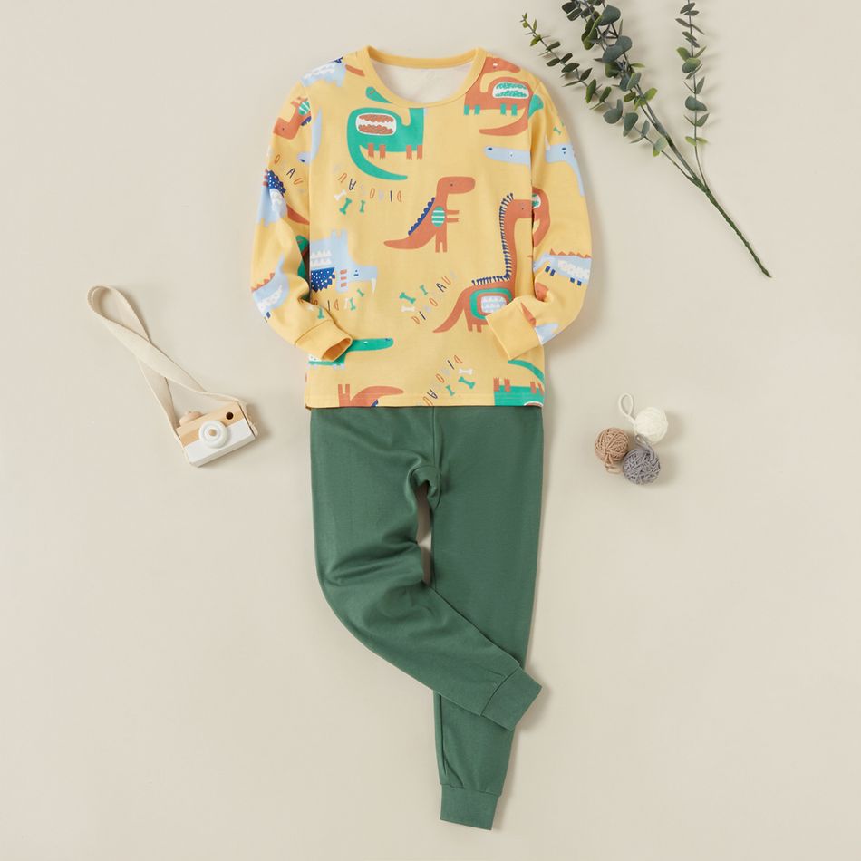 2-piece Kid Boy 100% Cotton Animal Dinosaur Letter Print Long-sleeve Tee and Solid Color Pants Set Ginger big image 1