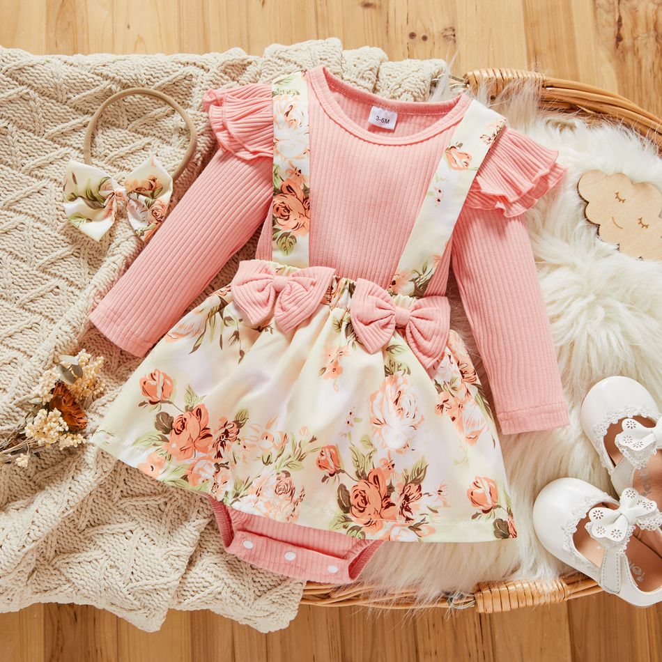 2pcs Baby Girl 95% Cotton Ribbed Long-sleeve Faux-two Floral Print Romper with Headband Set Pink big image 2