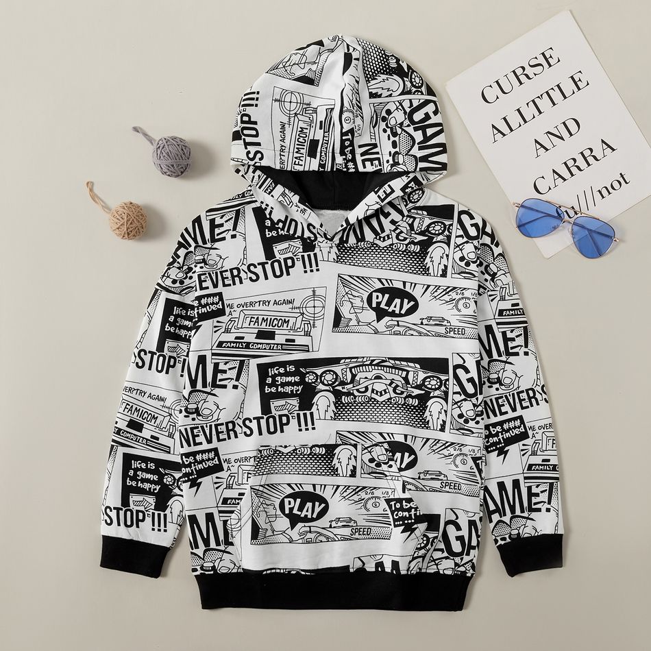 Trendy Kid Boy Comic Allover Print Hooded Sweatshirt White