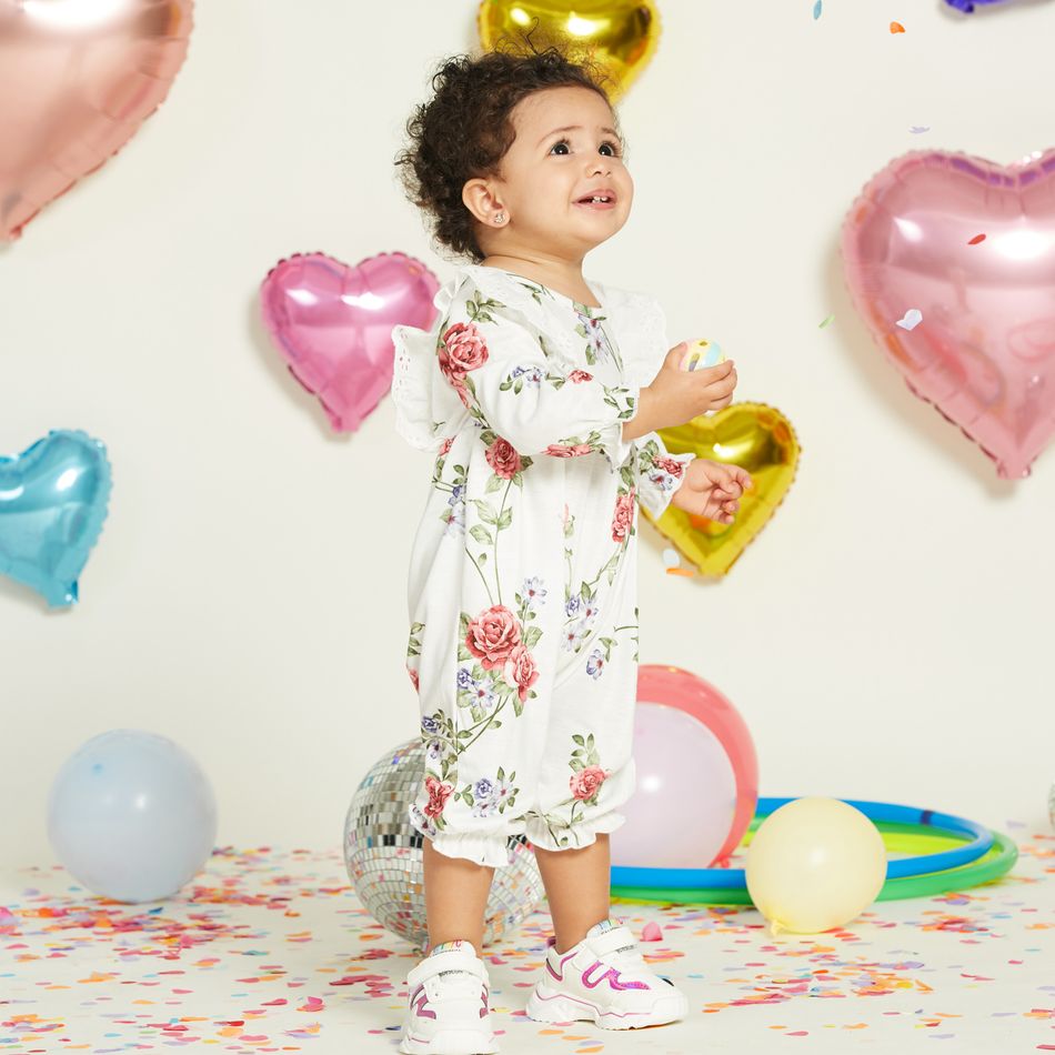 Floral Allover Bow and Lace Decor Long-sleeve Baby Jumpsuit White big image 11