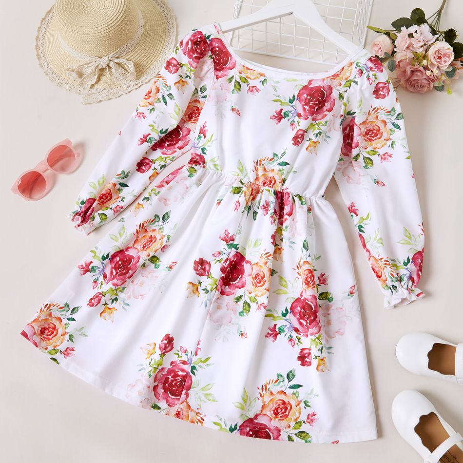 Kid Girl Square Neck Floral Print Long Ruffle-sleeve A line Dress White