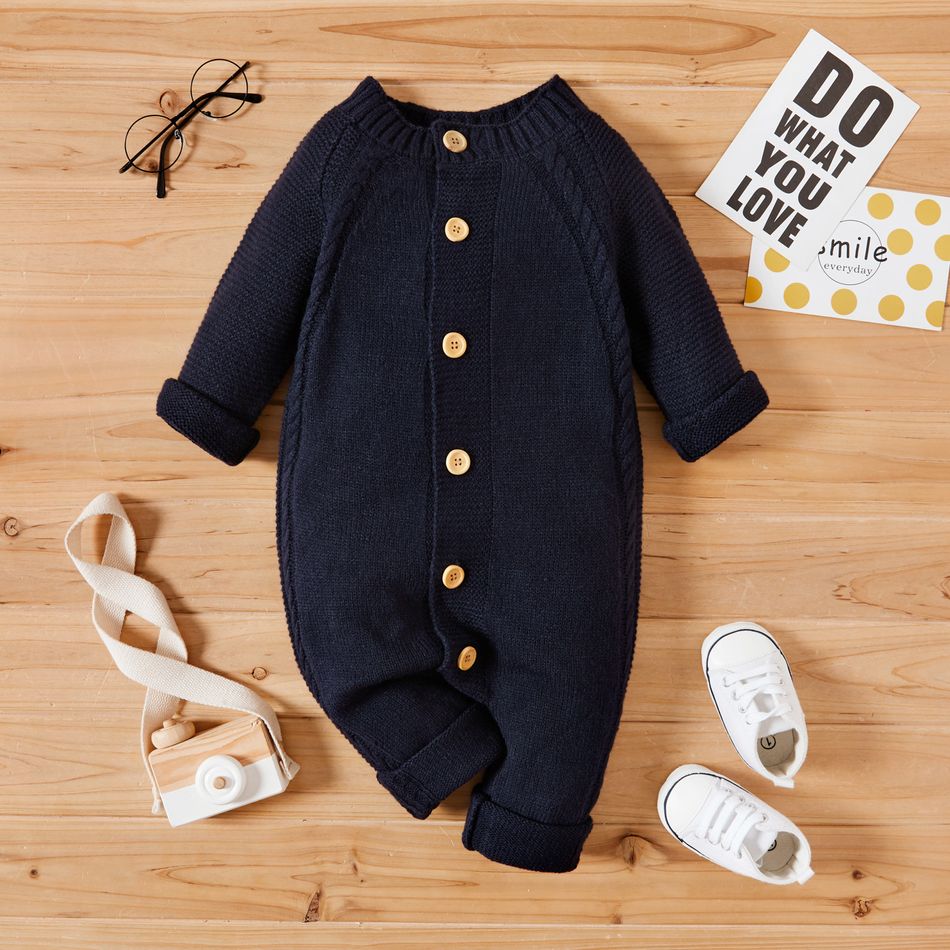 Baby Girl/Boy Button Design Long-sleeve Solid Knit Jumpsuit Blue
