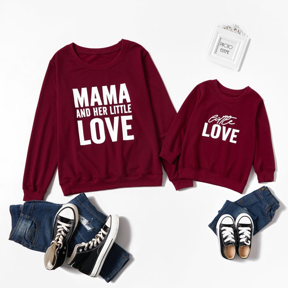 Letter Print Red Wine Sweatshirts for Mom and Me Burgundy