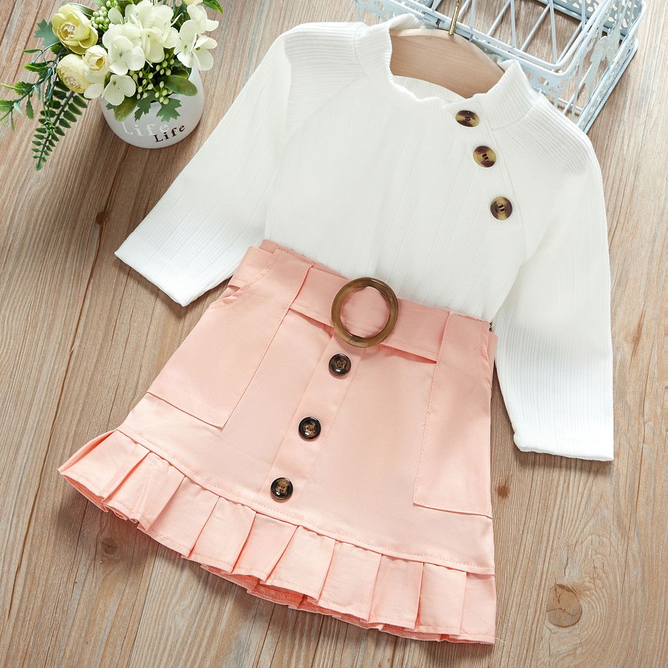 Baby / Toddler Girl Turtleneck Solid Knitted Buckle Ruffled Suit-dress Pink