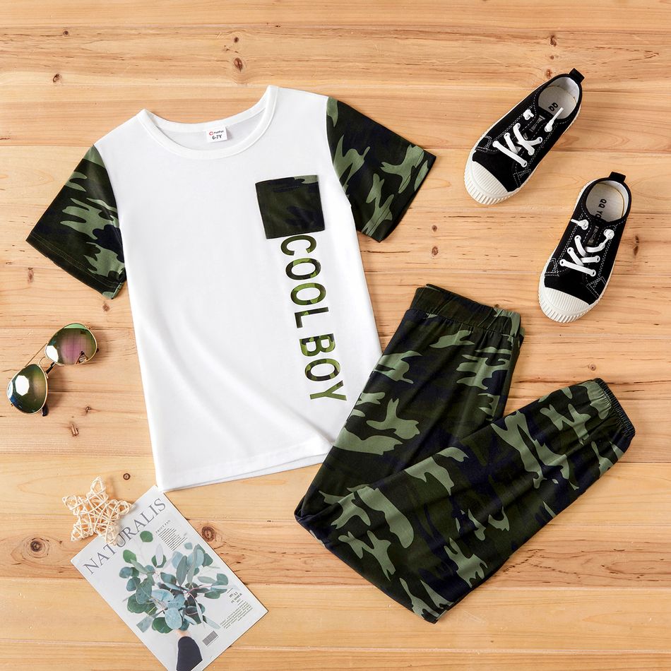 Kid Boy Letter Camouflage T-shirt and Elasticized Pants Set White