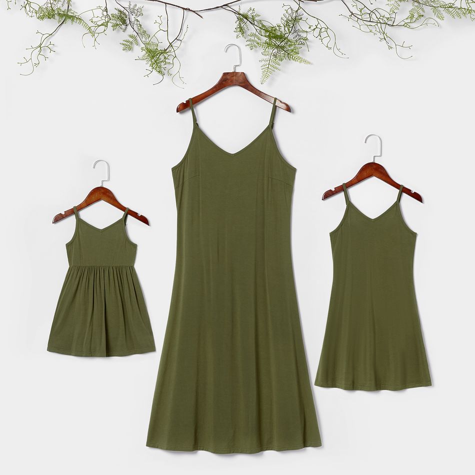 Solid Sleeveless Matching Dark Green Midi Sling Dresses Army green