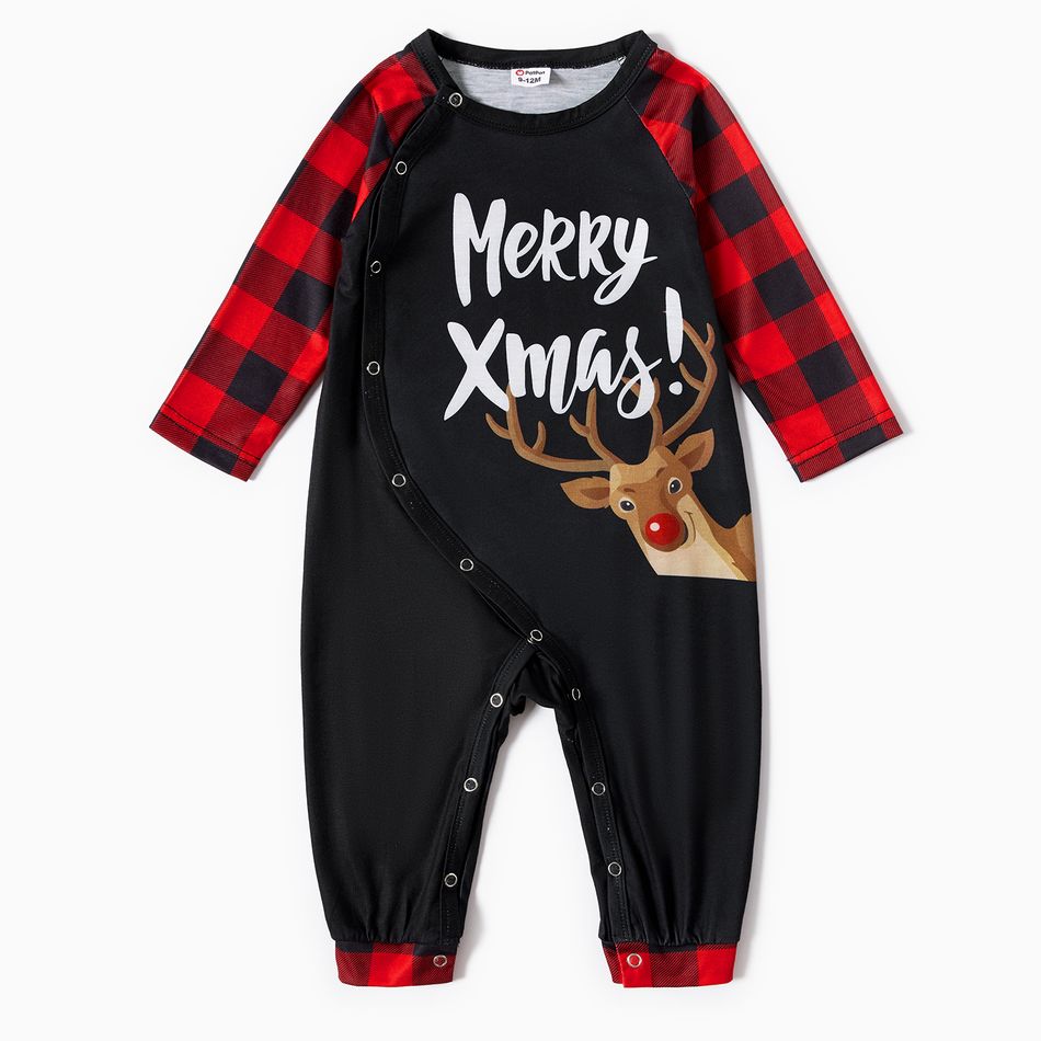 Mosaic Family Matching ' Merry Xmas ' Reindeer Print Plaid Christmas Pajamas Sets（Flame Resistant） Black big image 8