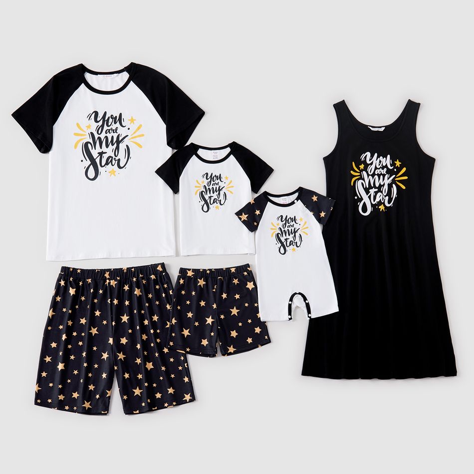 Family Matching Letter and Star Print Short-sleeve Pajamas Set (Flame Resistant) Black/White