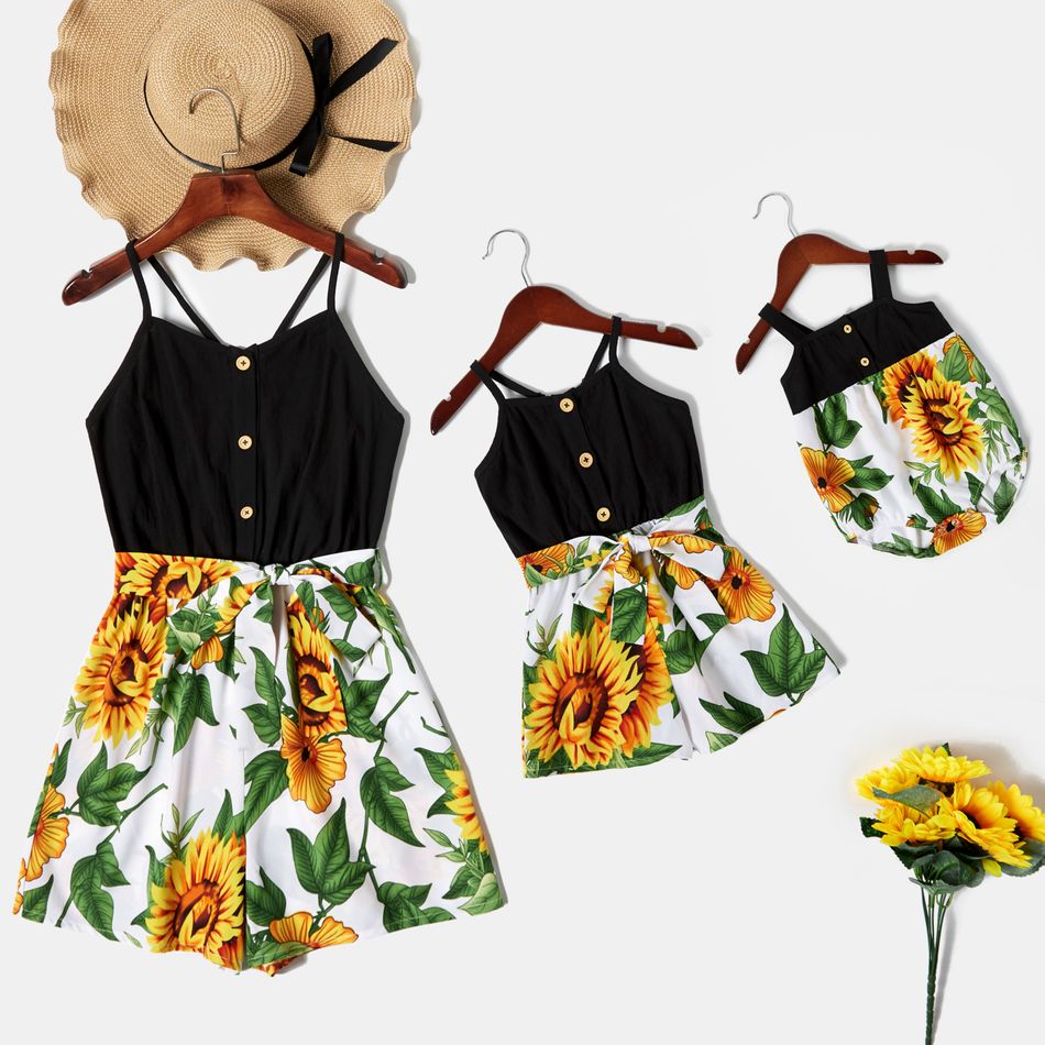 Sunflower Pattern Matching Stitching Sling Shorts Rompers Black